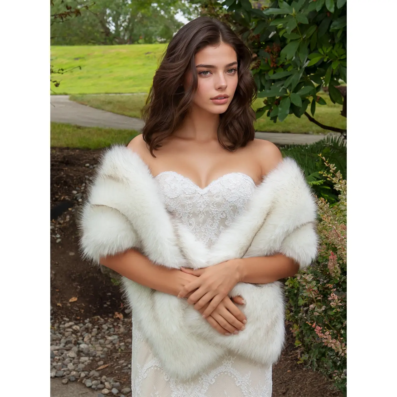 Ivory faux fur wrap bridal shawl with brown tips