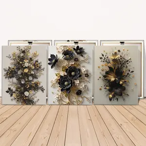3 Counts Wooden Framed Canvas Painting, Elegant Black And Gold Floral Art, Exquisite Poster, Perfect Living Room Decoration, Modern Art, Fashion Family Poster, Wall Art Decoration, Waterproof Art, Artwork, Modern Home Decor
