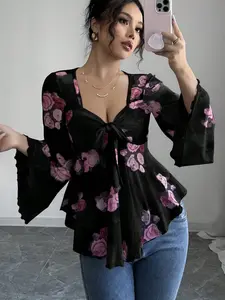 French Sweet Floral Blush Tie Front Square Neck Long Sleeve Shirt, Elegant Women's Top, Perfect for Casual & Special Occasions