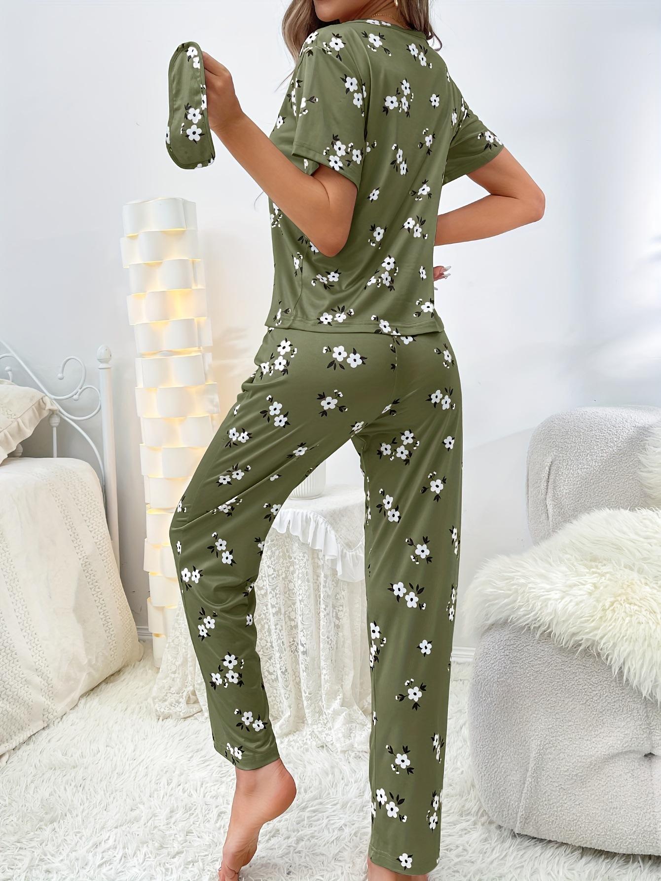 Womens Summer Sleepwear Set - Printed Round Neck Short Sleeve Top and Pants - Comfortable Home Pajama Two-Piece