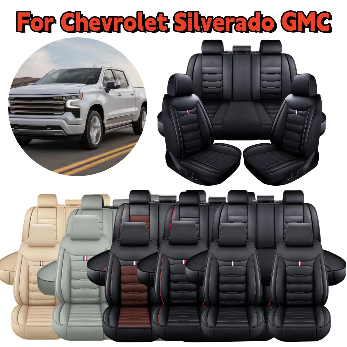 Fits For Chevrolet Silverado GMC 1500 2500HD 3500HD Car 5 Seat Covers Full Set PU Leather Front Rear Cushion Protector Pad Mat Breathable - For Mother Father Lover Friend Christmas Valentine Gift