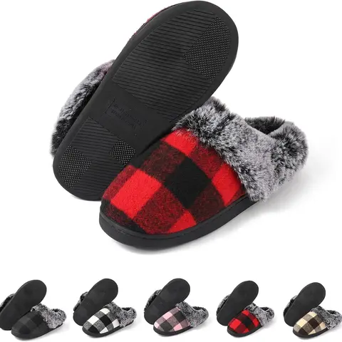 Couples' Classic Plaid Round Toe Fuzzy-Lined House Slippers - Winter Warm Home Wear, Thick Sole, Soft Squishy, Anti-Slip Outsoles, Slide Shoes for Women & Men Indoor Footwear