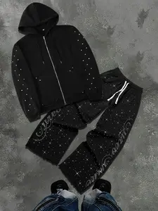 Men's Cool Two-Piece Set Bottom Star Letter Hooded Jacket + Sweatpants, Skin-Friendly Fabric, Street Glitter Style, All Seasons