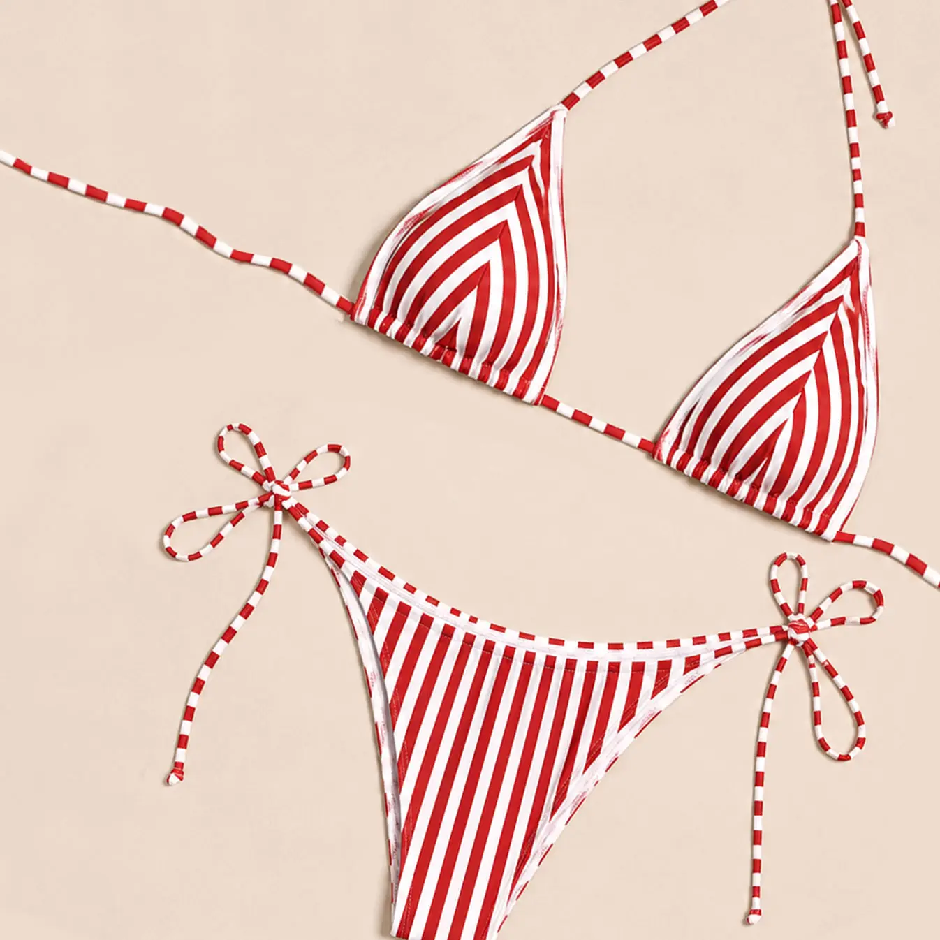 2026 red-and-white striped micro bikini two-piece set—fashionable, casual women’s two-piece swimsuit with a low-rise tie design; ideal for vacations, beachwear, and hot springs/onsen wear.