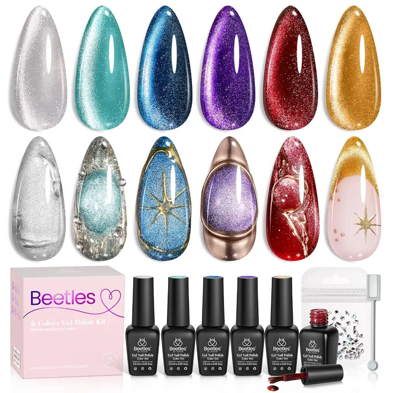 Beetles Cat Eye Gel Nail Polish Set, 6 Colors 7.5ml Magnetic Gel Nail Polish, Holographic Glitter Burgundy Red Blue Purple Gel Polish Magnetic Effect Sparkle Stunning Nail Polish Velvet Nail Salon DIY Home Easter's Gift for Women,familyfun