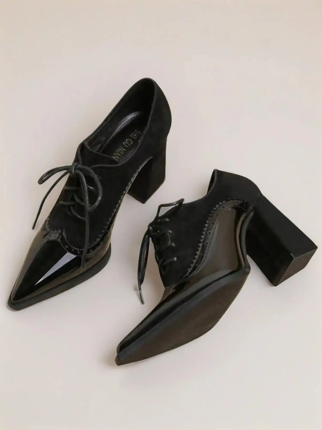 Women's PU Leather High-Heeled Shoes, Heeled Pumps, Dressy Shoes, Elegant Stylish Fashion Fall New Style Round Toe Lace-Up Design, Comfortable Rubber Sole, All Season Wear, Black