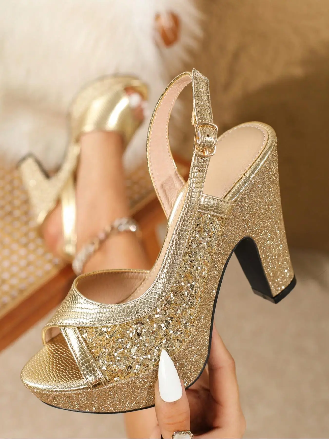 Women's Fashionable Glitter Decor High Heel Sandals, Elegant Round Toe Heeled Sandals for Party, Daily Clothing Decor for Women & Girls Buckle Sandals