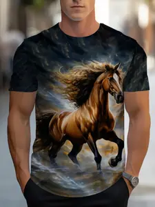 Men's 3D Horse Pattern Printed Fitted T-Shirt, Round Neck Short Sleeve, Summer Casual Fashion, Trendy Streetwear, Daily Wear