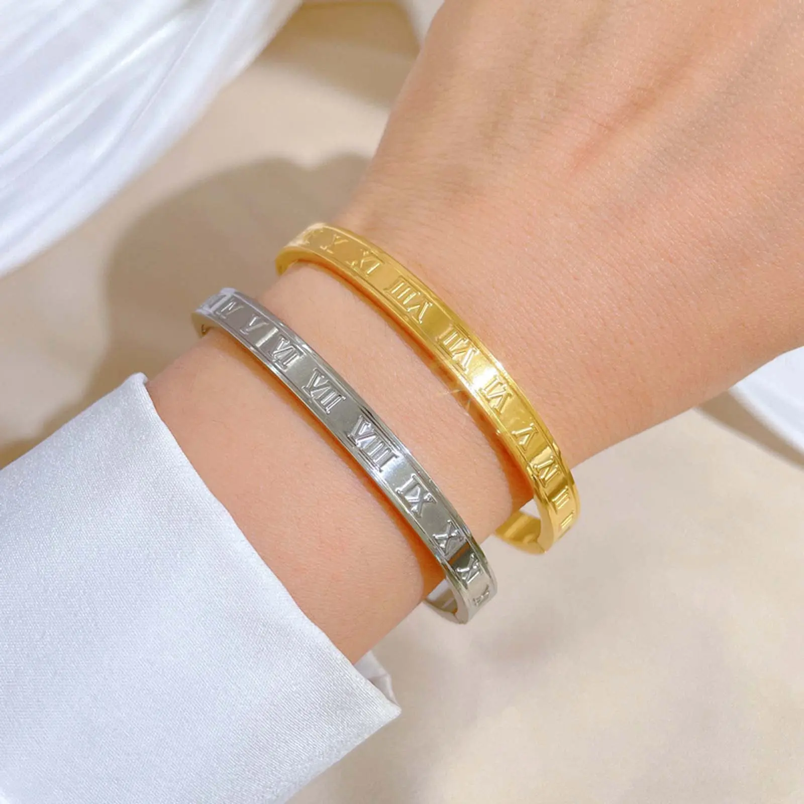 Stackable Bracelets with Engraved Roman Numerals, Unisex Minimalist Cuff Jewelry, Gold-Tone Anniversary Gift, Elegant Minimalist Bangle