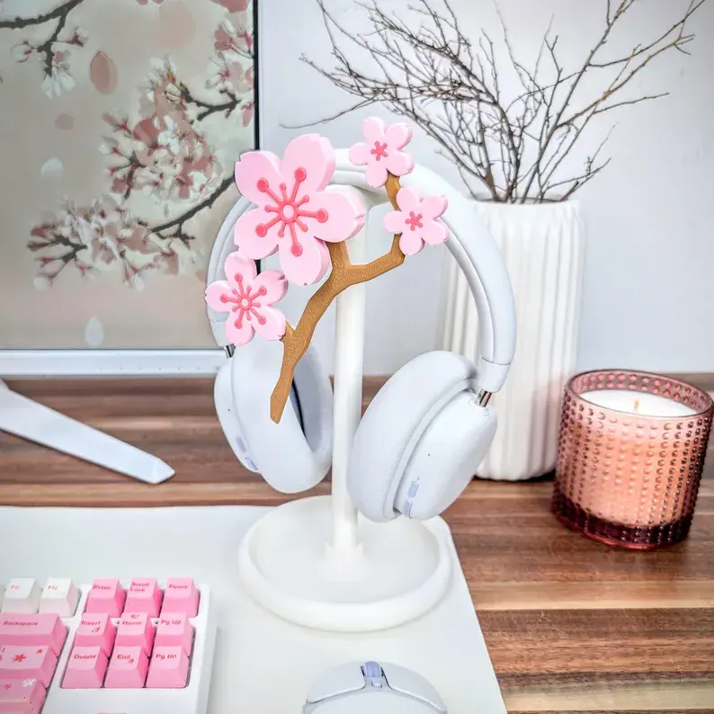 Cute Sakura Headphone Stand | Cherry Blossom Headset Holder | Gaming Decor for Cozy Desk Setup
