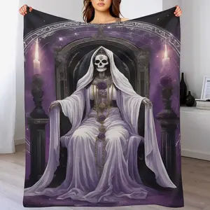 Santa Muerte  Flannel Blanket Skeleton Queen on Gothic Throne with Purple Aura Santa Muerte Flannel Blanket UltraSoft Warm Lightweight for Gothic Home Decor Halloween Gift Sofa Throw and Spooky Season Snuggles Day of the Dead