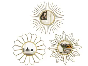 Metal Mirrors Wall Decor - 3 Pcs 11" Sunburst Flower Wall Mirror Home Decor Decorative Hanging Art for Living Room, Bedroom, Kitchen, Bathroom, Entryway