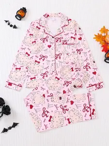 2 Pieces Of Women's Halloween Cute Ghost Bow Print Long Sleeved Pants Comfortable Lapel Pajama Set Top Pocket Elastic Waistband Suitable for All Seasons Casual Home Wear, Loungewear