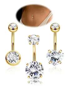 3 Piece Belly Ring Set with Zirconia Stones, Sporty Design, Stainless Steel Chain, Plain Pattern, All Seasons Jewelry
