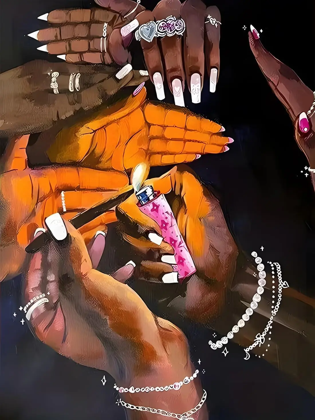 5D Diamond Painting Kit Diverse Brown Skin Hands Long White Nails Shiny Diamond Jewelry Lighter Glam Black Girl Aesthetic Fashion Crystal Rhinestone Wall Decor Gift