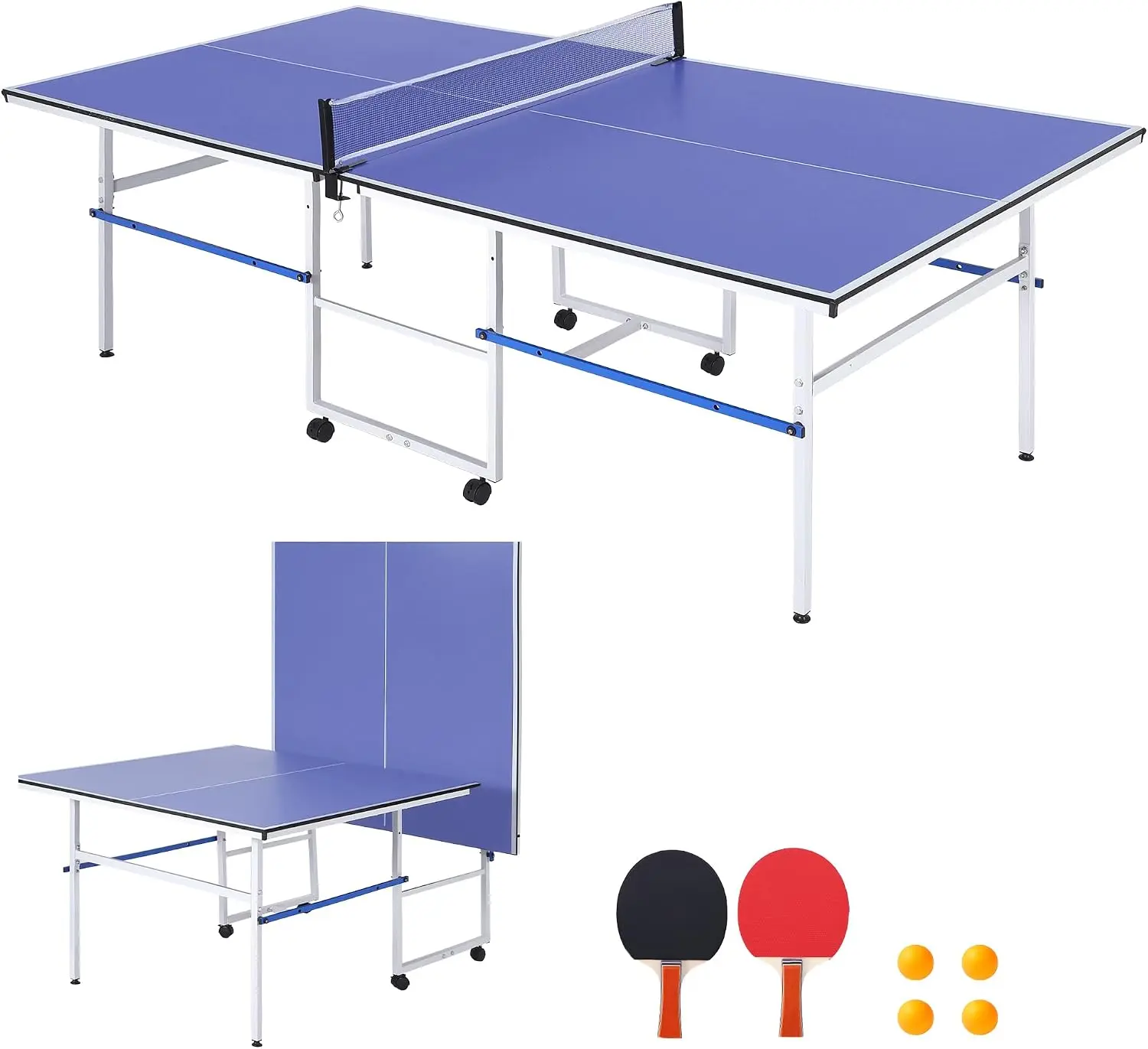 8 ft Portable Ping Pong Table with Single Player Playback Mode | Professional Indoor Outdoor Table Tennis Table with Paddles| Balls| Net, Foldable Game Set for Adults Teens, Quick Assembly