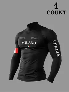 Men's High Neck Long Sleeve Slim Fit Warm Top, Casual Letter Pattern, Moderate Fabric Thickness, Summer Wear, H Type Silhouette