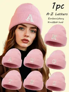 Unisex 26 Embroidered Letter A-Z Knitted Hat, Elastic Ribbed Edge, Breathable For Long Time Four Seasons Outdoor Casual Hat, Soft Seasonal Headwear Knitting Beanie