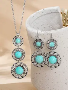 3pcs Women Boho Vintage Turquoise Round Jewelry Set, Necklaces Earrings Set, Includes Necklace & Dangle Earrings, Western Style Gift Accessories, Country Cowgirl Look