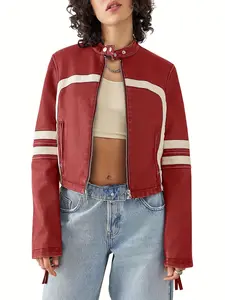 Renaishow Women’s Faux Leather Jackets Zip Up Stand Collar Cropped Motocross PU Coats Casual Womenswear Solid Pockets
