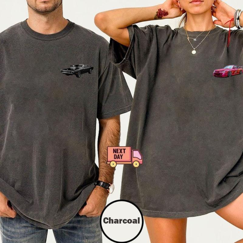 Double-sided Letty & Dom car enthusiast couple T-shirts, sweatshirts, and hoodies, perfect gifts for couples, unisex car movie sets, creative Valentine's Day gifts, and an excellent choice for couples.