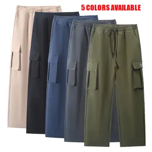Men’s Black Navy Blue Dark Gray Khaki Army Green Heavyweight Drawstring Wide Leg Baggy Tactical Cargo Pants, Thickened Fabric Elastic Waistband Multi Pocket Utility Casual Pants