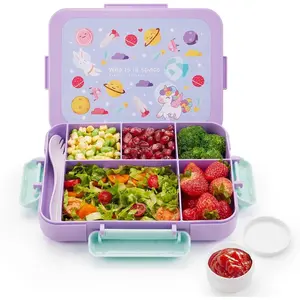 Bento Lunch Box for Kids, 5 Compartments Leakproof Bento Box with Tableware & Sauce Box, Microwave & Dishwasher & Freezer Safe, BPA Free, 40OZ(Blue)