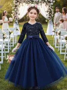 Girls' Wedding Flower Girl Dress, Sparkling Sequins Party Gown, Long Sleeve Bow Front Mesh Skirt, Comfortable Fashion Design