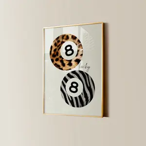 8 Ball Leopard Zebra Poster, Retro Lucky Girl Poster, Funky Y2K Aesthetic Apartment Decor, Vintage Pool Ball Watercolor Bedroom Wall Art