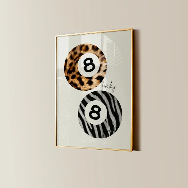 8 Ball Leopard Zebra Poster, Retro Lucky Girl Poster, Funky Y2K Aesthetic Apartment Decor, Vintage Pool Ball Watercolor Bedroom Wall Art