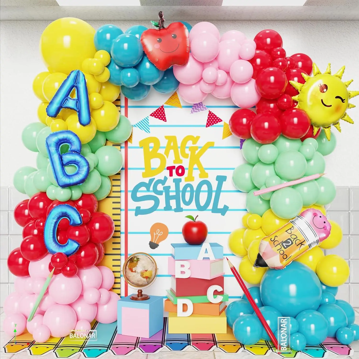 Back To School Balloons Arch Garland 141Pcs Rainbow Balloons With Sun Apple Pencil Balloons Abc Foil Balloon For First Day Of School Kindergarten Welcome Back To School Classroom Party Decor