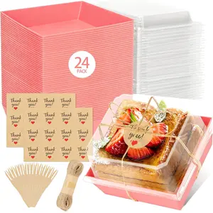 24 Pack Small Charcuterie Boxes with Clear Lids, Paper Mini Charcuterie Box To Go, Disposable Food Container with Lid, Dessert Boxes for Sandwich, Cookie, Sushi, Cake Slice, and Strawberries, Pink