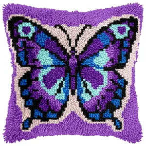 Purple Butterfly Latch Hook Pillow Kits for Adults Beginners DIY Throw Pillowcase Kit with Soft Backing Pre-Printed Mesh Rug Making Kits Needlework Cushion for Home Sofa Decor 17x17 in.