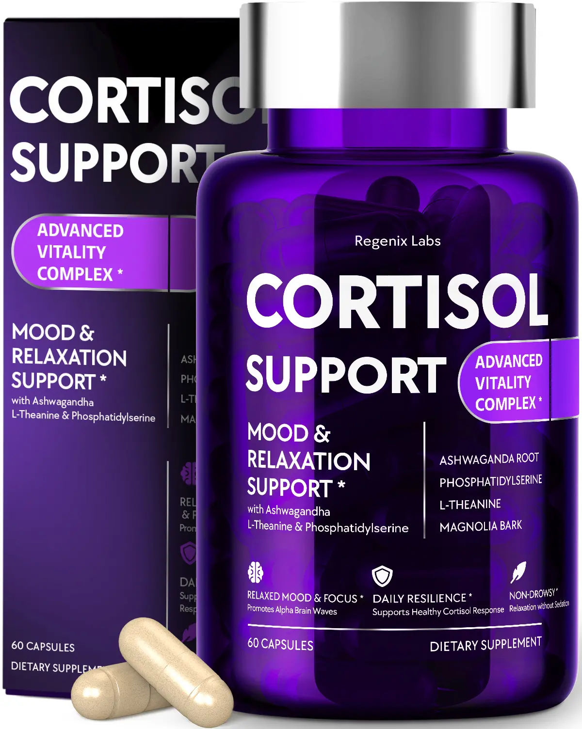 Advanced Cortisol Support Adrenal Complex Healthcare Supplement - 1 Pack, 60 Capsules - with Ashwagandha, L-Theanine