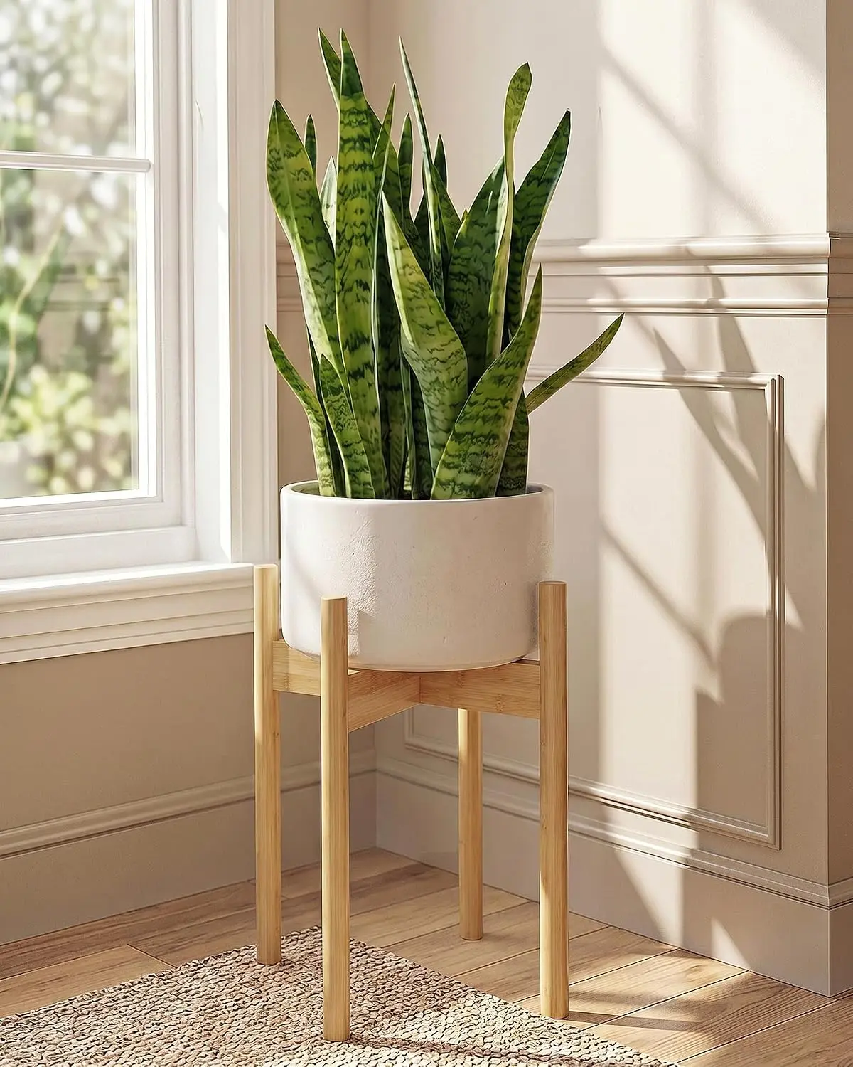 Bamworld 16.9in Adjustable Plant Stand Indoor Bamboo Plant Stand Natural | Single Plant Stand Mid Century Plant Stands Fit 8-12 Inches Plant Pot Plant Holder for Living Room Balcony Garden Patio
