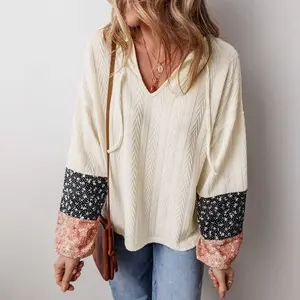 Beige Floral Patchwork Textured Knit Drawstring V Neck Blouse