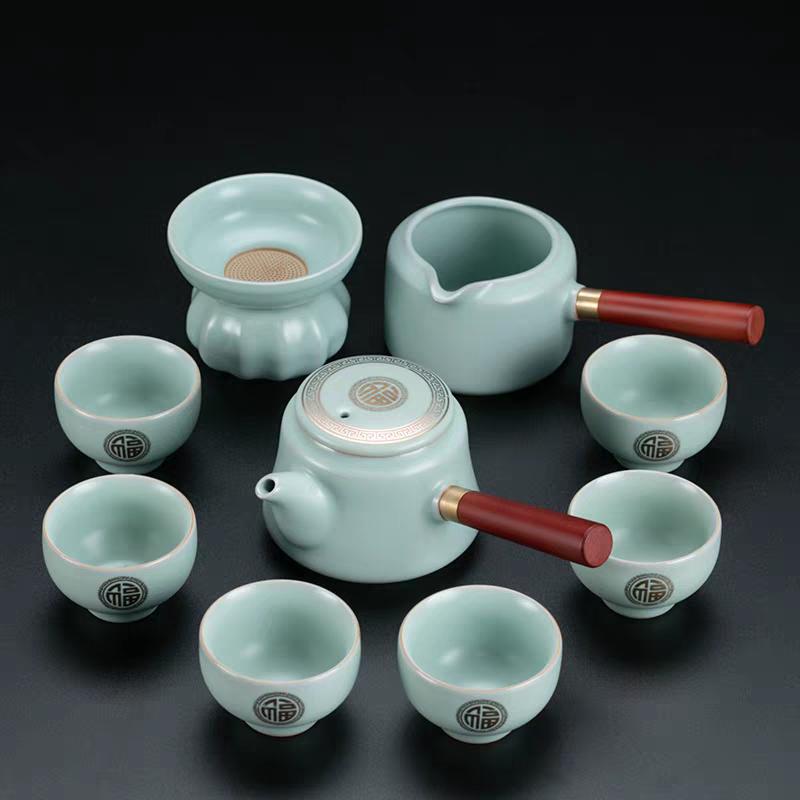 Golden Fortune Ru Kiln Tea Set 10pcs Elegant Ceramic Teapot & Cups in Blue Leather Case Perfect for Tea Enthusiasts