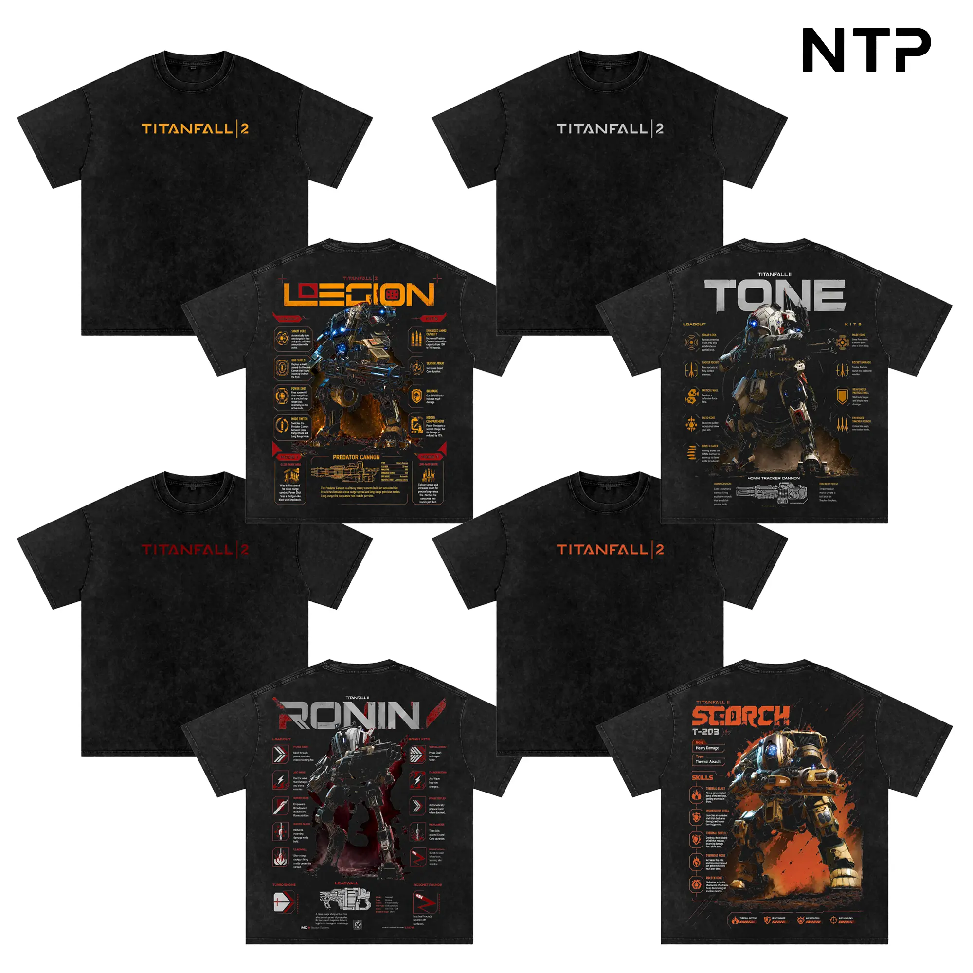 [Collection] TITANFALL 2 Game Washed T-Shirt Oversize Acid Washed Vintage Black Graphic Tee Casual Double Printed Titan Mecha Robot Streetwear Menswear Top Cotton Hoodie Print Straight Tee Gift For Gamer Gift For Titanfall Fan T-Shirt