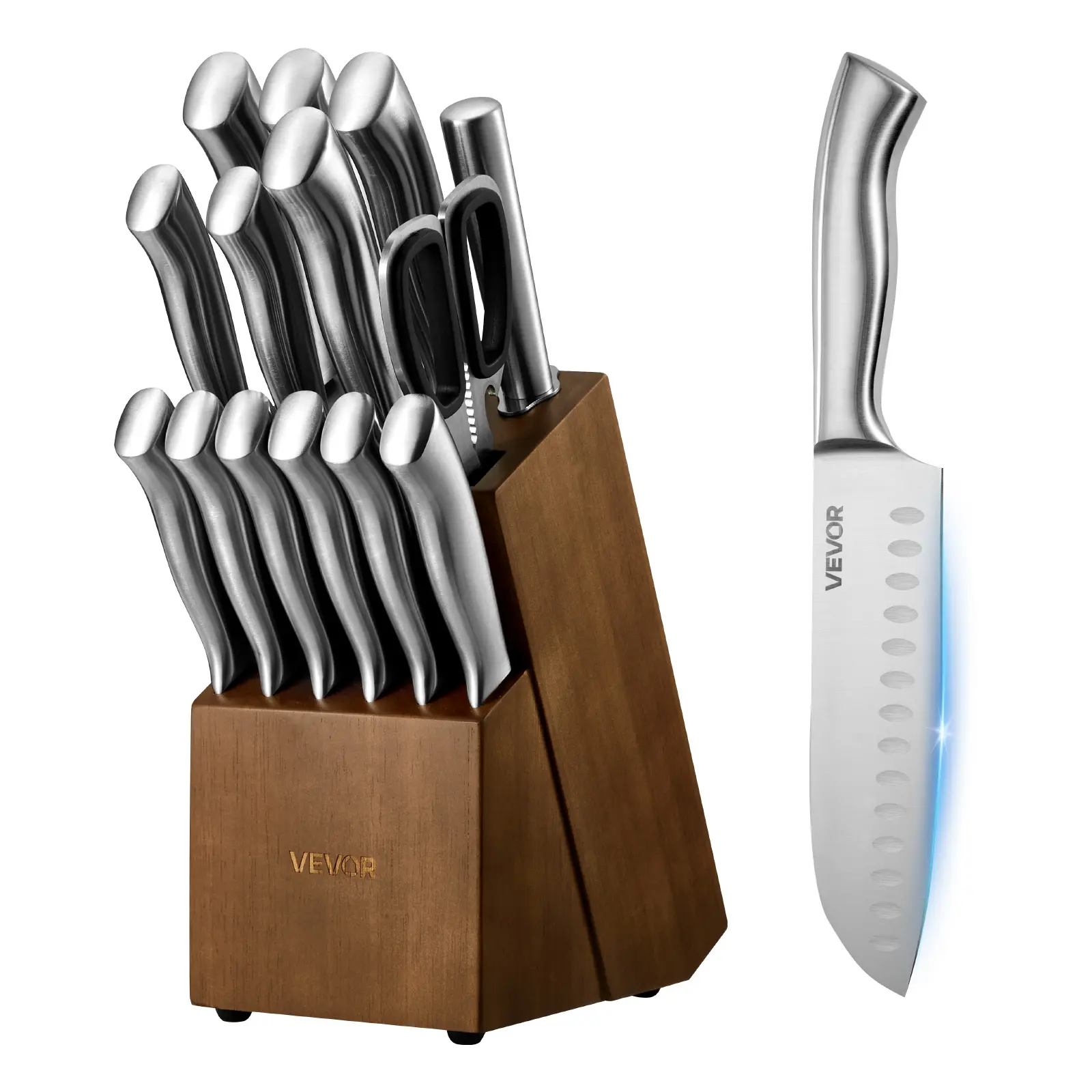 【summerfinds】VEVOR 15-Piece Kitchen Knife Set with Block, Sharpener & Steak Knives, German High Carbon Stainless Steel Blades, Ergonomic Handle Cutlery & Sharpening Rod for Home Cooks, Knives Kitchen Set, Holidays