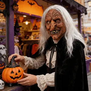 Realistic Scary Old Witch Latex Mask, Long Hair, Wrinkled Face, Teeth, Halloween Cosplay Party, Haunted House Horror Costume Prop, One Size Fits All