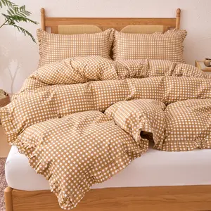 3-Piece Plaid Ruffle Bedding Set, 100% Polyester Soft Breathable, Ruffle Trim, Zipper Closure, Includes 2 Pillowcases + 1 Duvet Cover, Soft Bedding Sets