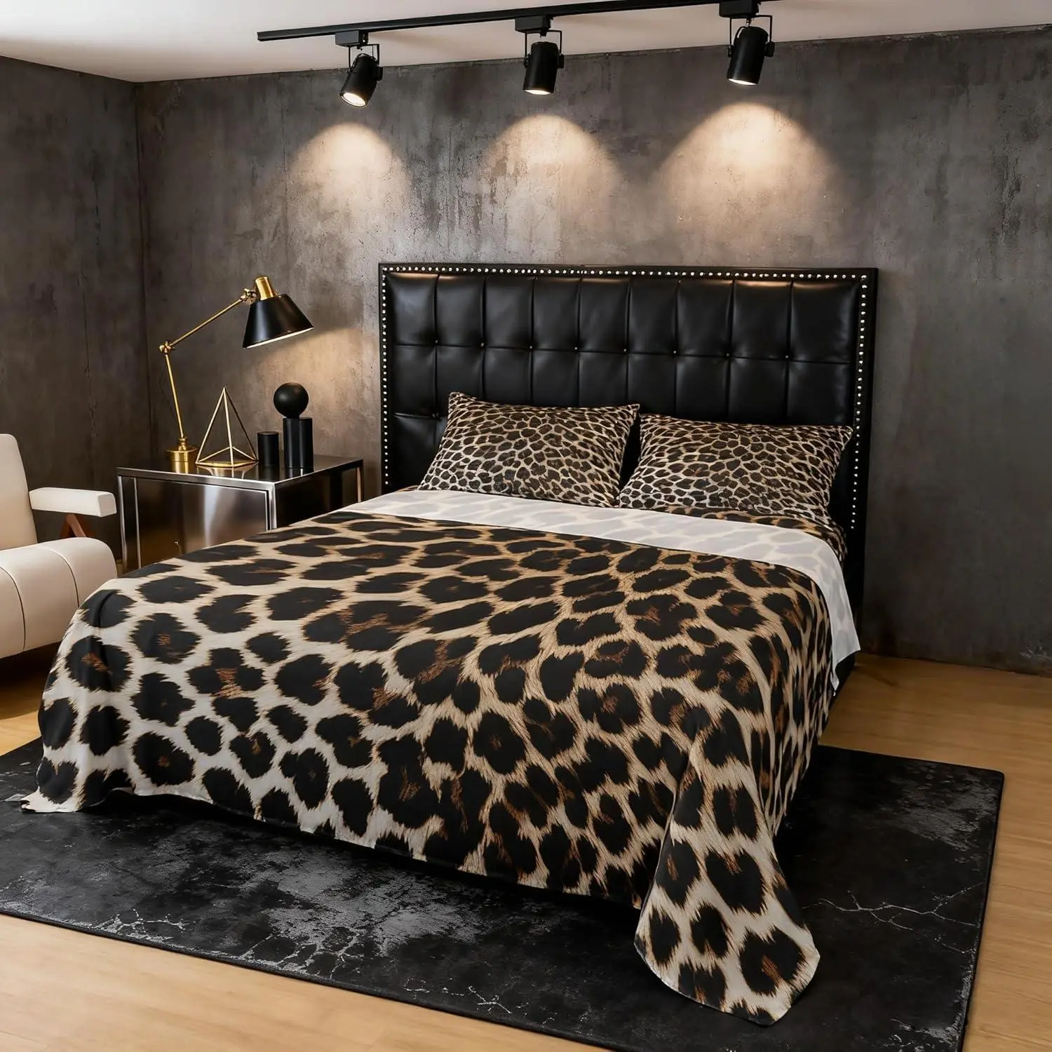 Leopard Print Bed Sheet Set,African Cheetah Skin Print Fitted Sheet,Leopard Fur Pattern Fitted Sheets Luxury Wildlife Animal Theme Bedding Set with 1 Flat Sheet,Brown