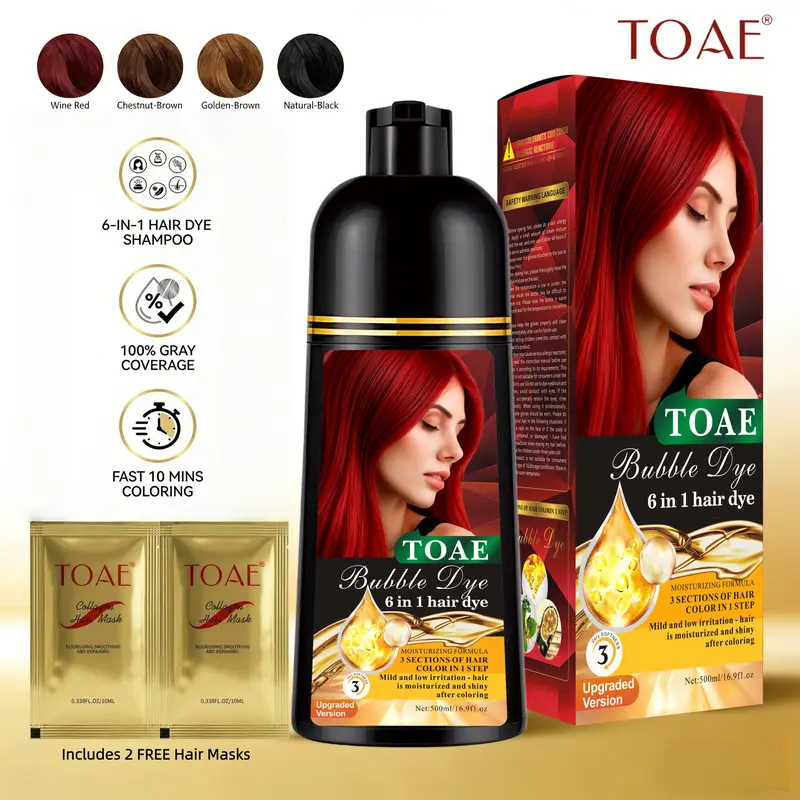 16.9 fl.oz Four Colors Hair Dye Shampoo instant(Wine Red / Natural Black / Golden Brown / Chestnut Brown) , 6 in 1 Multifunctional Hair Color Shampoo, Ammonia-Free & Safe Ingredients