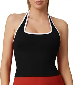 Womens Backless Halter Neck Sports Tank Top - Sleeveless Scoop Neck Basic Workout Cami Crop Tops