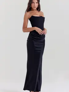 Sexy Strapless Corset Bodycon Maxi Dress Ruched Drape Satin Mermaid Evening Gown Sleeveless Floor Length Prom Party Formal Wedding Guest Cocktail Dresses, Formal Wear for Women Slim Fit Backless Bustier Red Carpet Outfits Style