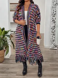 Plus Size Women's Casual Fashion Long Sweater Coat, Colorful Tie Dye Fringe Knit Wool Cardigan, Fall & Winter Loose Fit Outerwear, Knitwear