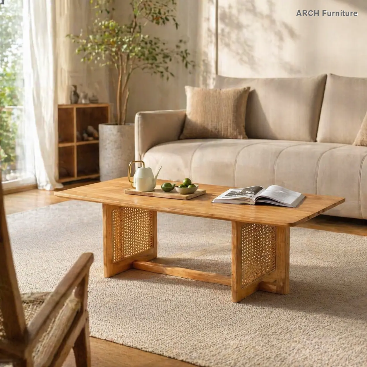 Rectangular Solid Wood Flat-Top Coffee Table - ARCH Chinese-Style Log-Inspired Design, Imitation Rattan, Sturdy Base, Quick Installation, Modern Furniture, Casual Crafted Accent Table for Small Indoor Family Living Room Tea Use, Chinese-Style Coffee Table