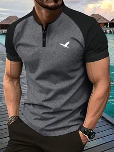 Summer Thin Men's Short Sleeve T-Shirt with Shoulder and Cuff Design Henry Shirt Eagle Pattern Travel Vacation Comfortable Versatile Casual Outdoor Sports Men's Bottoming Shirt