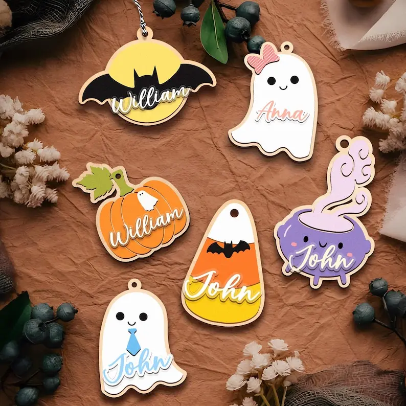 Custom Halloween Name Tag, Personalized Wooden Basket Tag, Halloween Ghost Kids Basket Tag, Trick or Treat Bag Tags, Pumpkin, Spider Webs