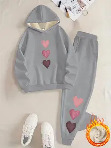 Women's Hooded Sweatshirt Set, Fleece Lined Thickened Two-Piece, Gradient Heart Pattern Print, Fashionable Hoodie & Pants Set
